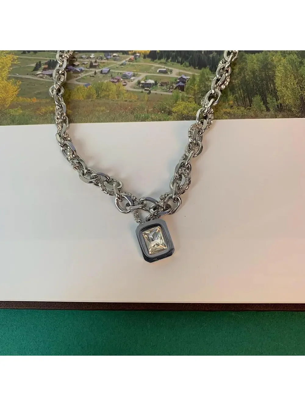 Stainless Steel White Opal Pendant Y2K Style Necklace. Unisex. Brand New. 18-.